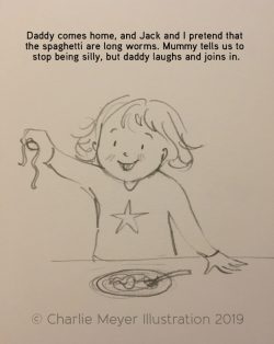 Charlie Meyer Illustration - Mia pretending that the spaghetti are worms